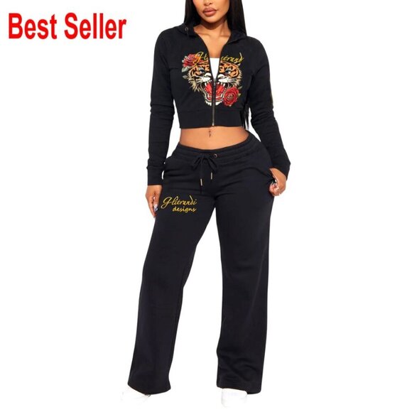 Tops - Cropped Hoodie & Sweatpants Set, 100% Polyester, S-XXL, Casual Wear